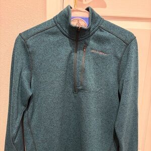 Eddie Bauer Men’s Medium Blue with Black Trim Quarter Zip Pullover Sweater